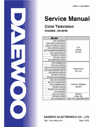 Daewoo DTQ-20V1 Daewoo chassis CN-001M.Models of TV in a first page of service manual.
